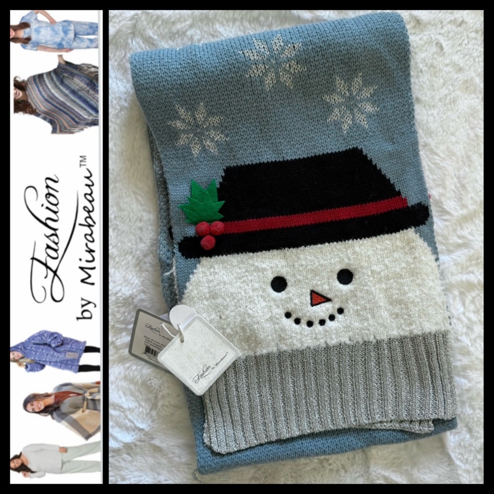 NWT Fashion by Mirabeau Snowman Scarf - Blue and Metallic Gray